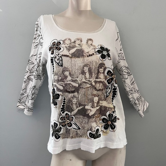 Haven Bleu XL Top Hula Dancer Graphic Embellished Shell Shirt Texture Boho Artsy - Picture 1 of 13